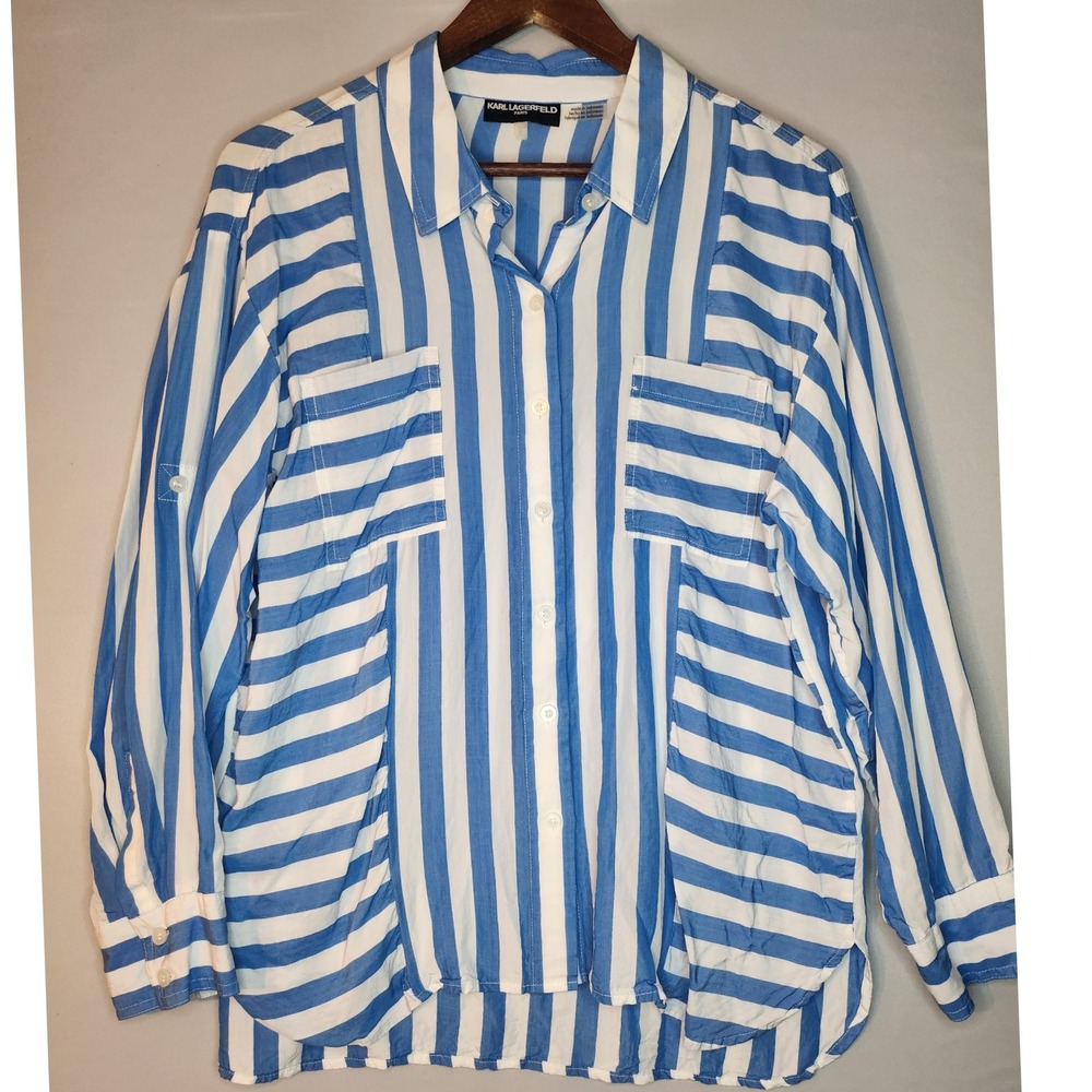 Karl Lagerfeld Women's Large Top Blue/White Striped Button Up Roll Tab‎ Sleeve